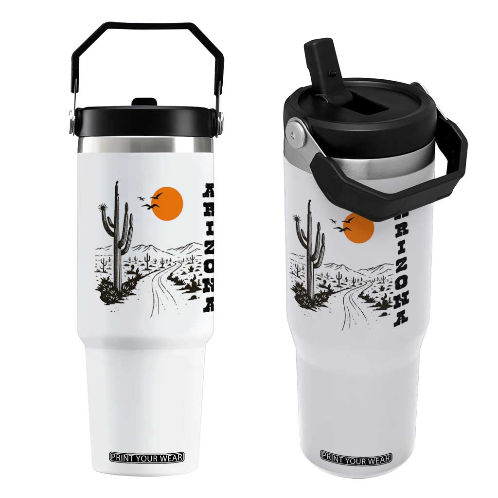 Retro Arizona Desert Road Sunset Graphic Flip Straw Tumbler Vintage Southwest Saguaro Cactus Travel Souvenir TS02 One Size: 30 oz White Print Your Wear