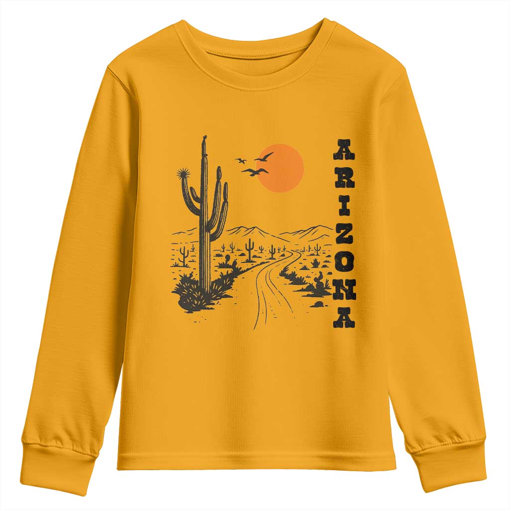 Retro Arizona Desert Road Sunset Graphic Youth Sweatshirt Vintage Southwest Saguaro Cactus Travel Souvenir