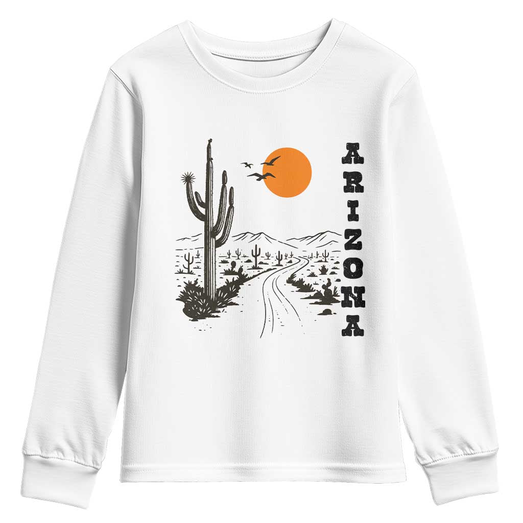 Retro Arizona Desert Road Sunset Graphic Youth Sweatshirt Vintage Southwest Saguaro Cactus Travel Souvenir TS02 White Print Your Wear