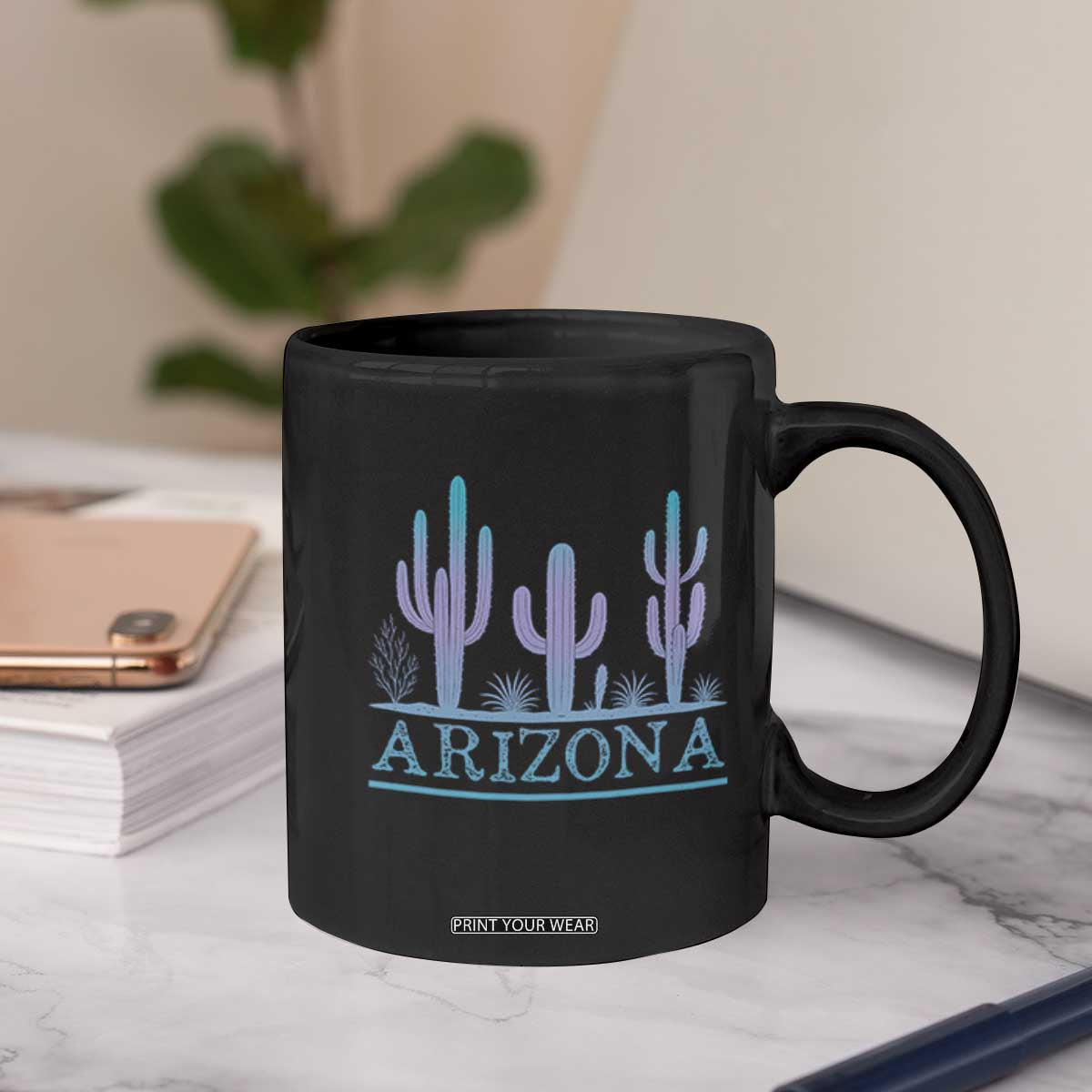 Retro Neon Silhouette Cactus Arizona Graphic Coffee Mug Modern Southwest Desert Aesthetic Travel Souvenir