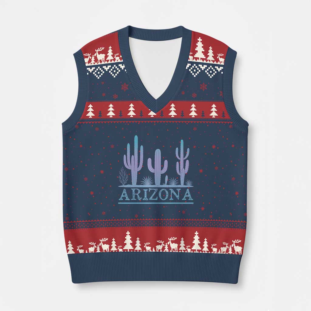 Retro Neon Silhouette Cactus Arizona Graphic V-Neck Knit Sweater Vest Modern Southwest Desert Aesthetic Travel Souvenir TS02 Navy Red Print Your Wear