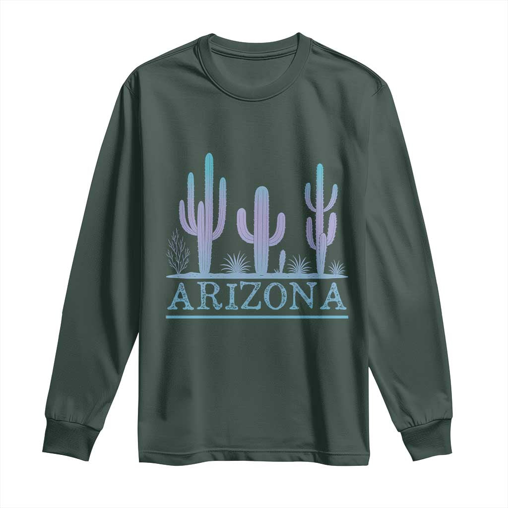 Retro Neon Silhouette Cactus Arizona Graphic Long Sleeve Shirt Modern Southwest Desert Aesthetic Travel Souvenir