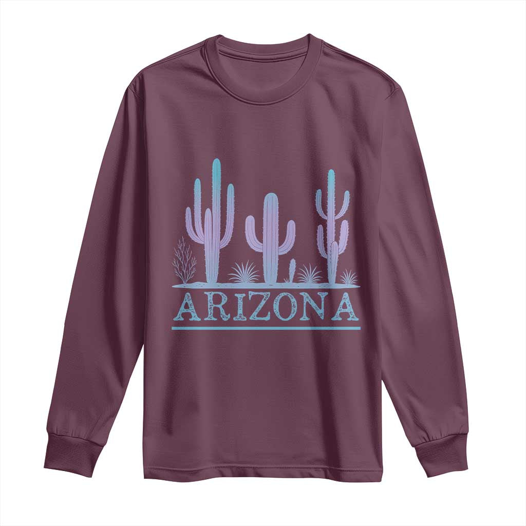 Retro Neon Silhouette Cactus Arizona Graphic Long Sleeve Shirt Modern Southwest Desert Aesthetic Travel Souvenir