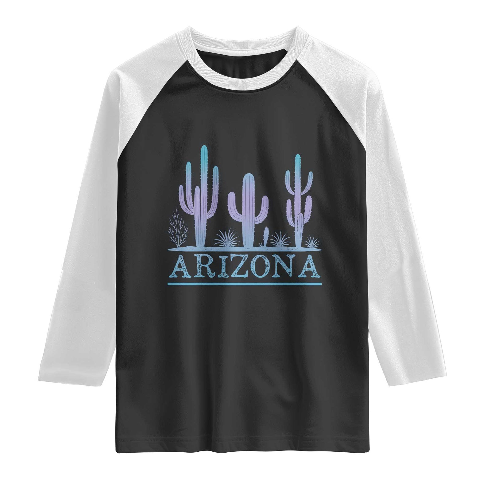 Retro Neon Silhouette Cactus Arizona Graphic Raglan Shirt Modern Southwest Desert Aesthetic Travel Souvenir TS02 Black White Print Your Wear