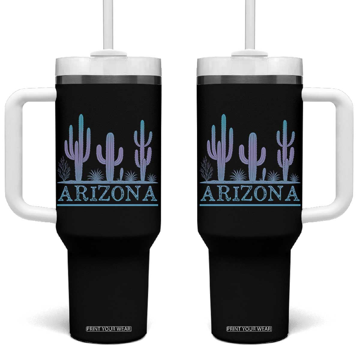 Retro Neon Silhouette Cactus Arizona Graphic Tumbler With Handle Modern Southwest Desert Aesthetic Travel Souvenir