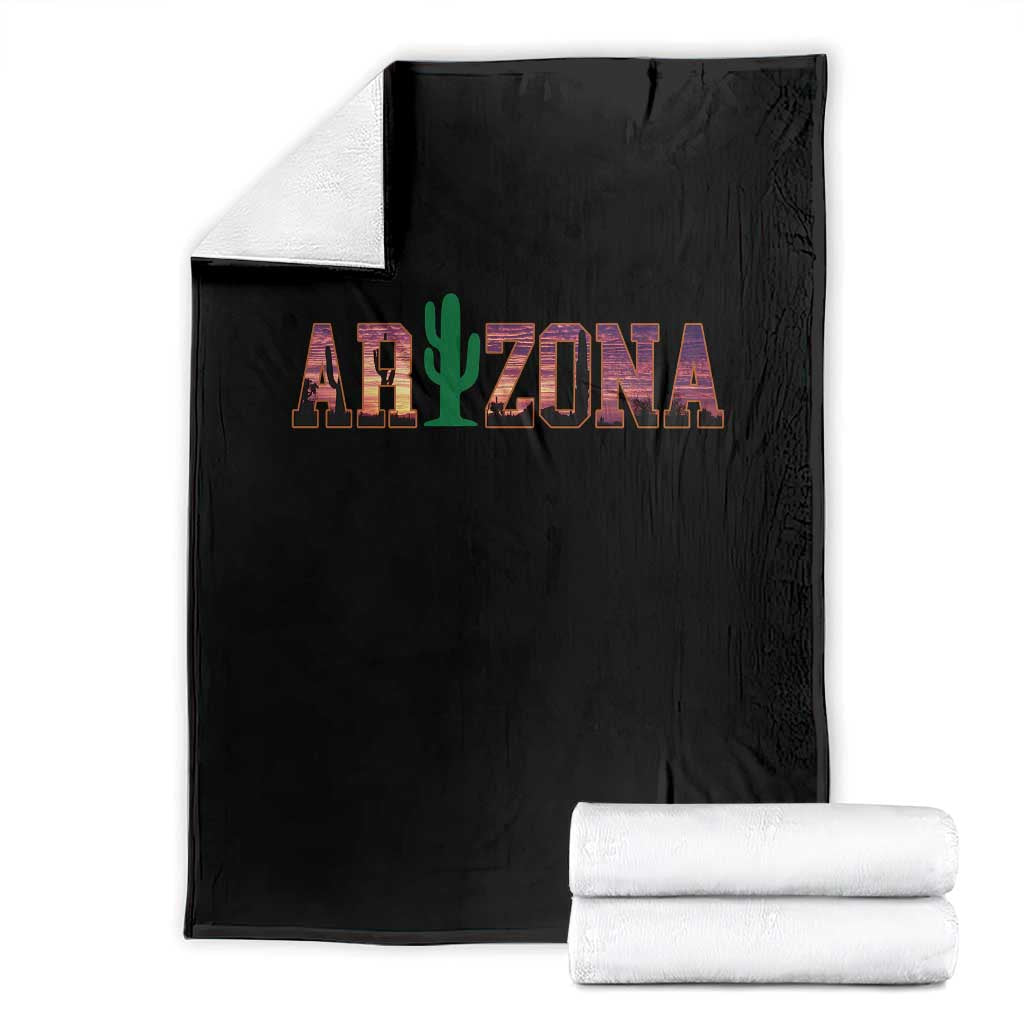 Scenic Arizona Sunset Landscape Graphic Throw Blanket Southwest Saguaro Cactus Letters Travel Souvenir TS02 Black Print Your Wear