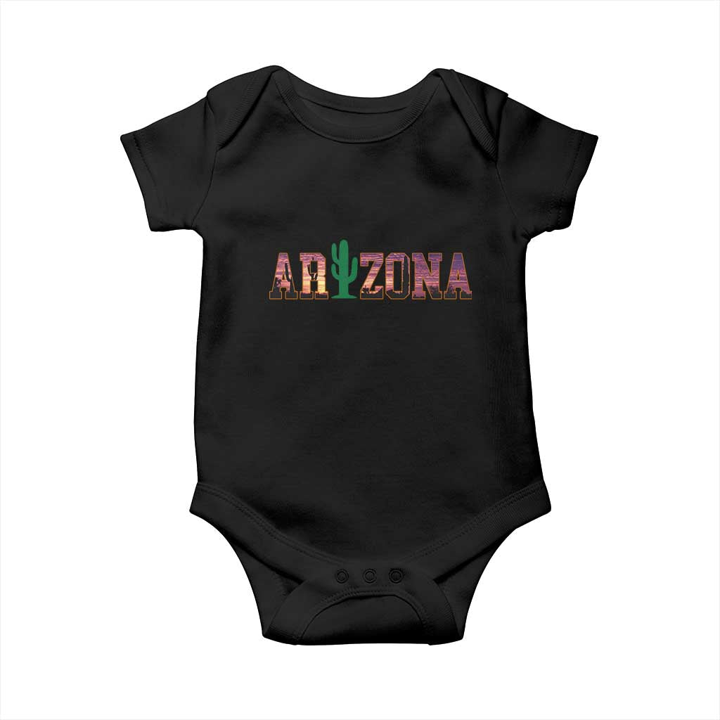 Scenic Arizona Sunset Landscape Graphic Baby Onesie Southwest Saguaro Cactus Letters Travel Souvenir TS02 Black Print Your Wear