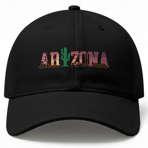 Scenic Arizona Sunset Landscape Graphic Baseball Cap Southwest Saguaro Cactus Letters Travel Souvenir