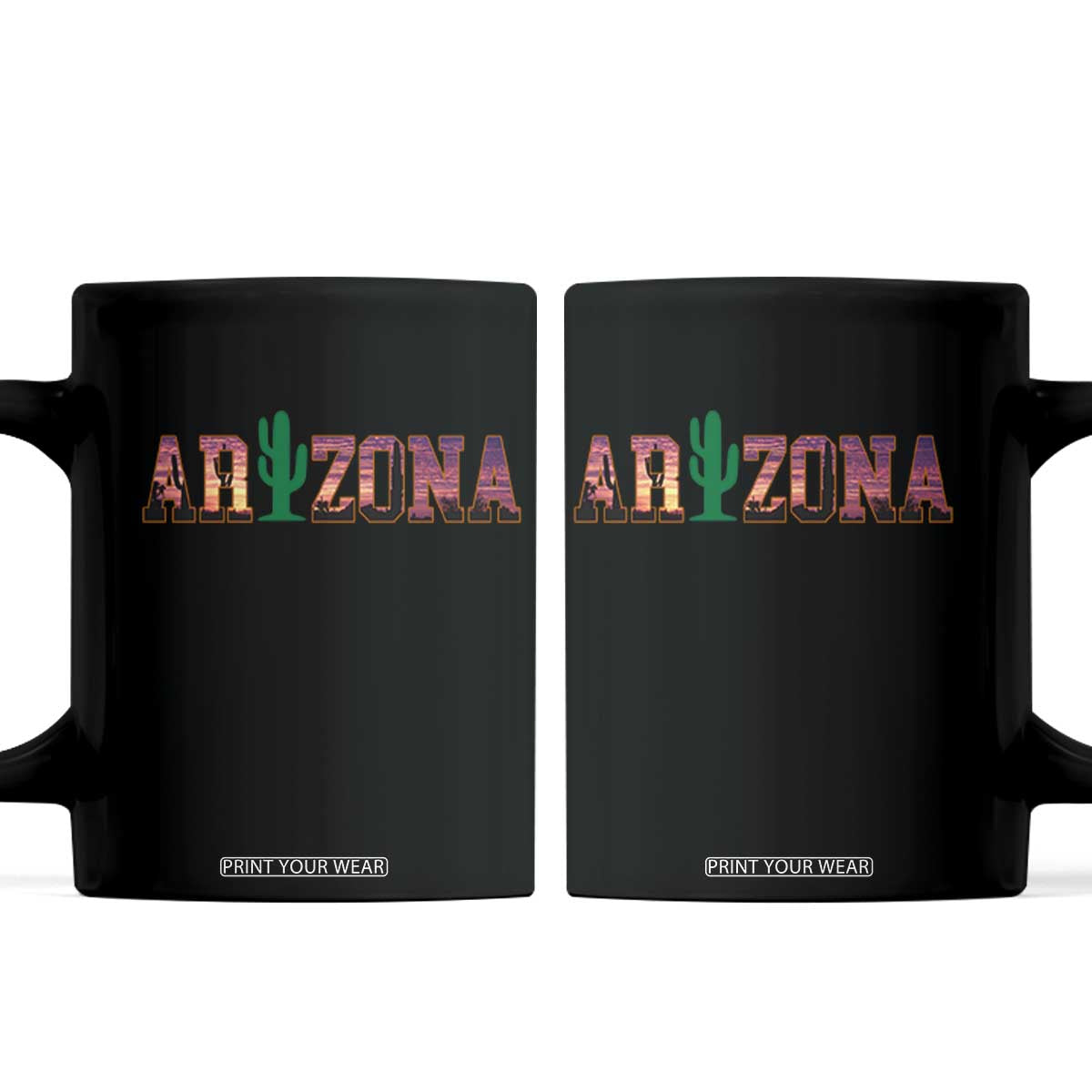 Scenic Arizona Sunset Landscape Graphic Coffee Mug Southwest Saguaro Cactus Letters Travel Souvenir TS02 Black Print Your Wear