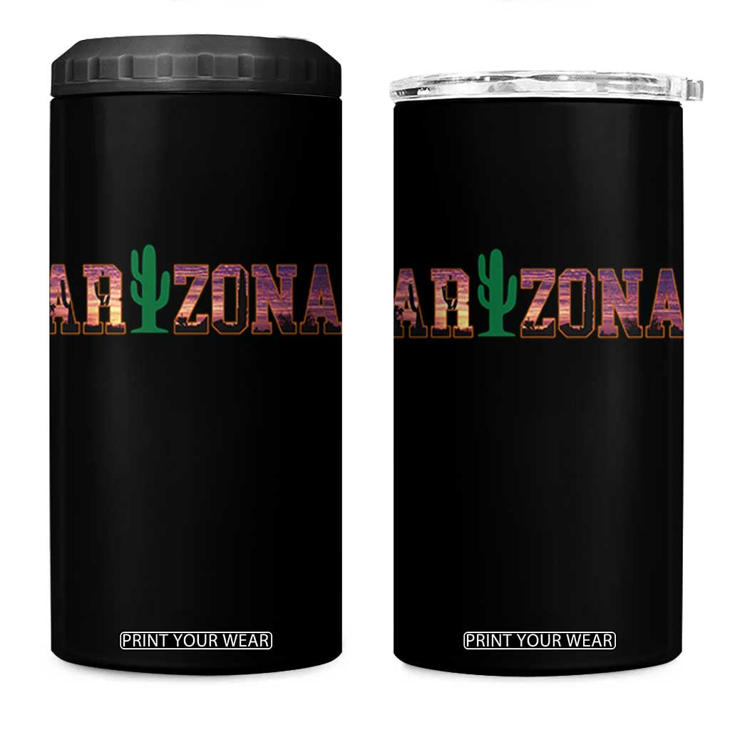 Scenic Arizona Sunset Landscape Graphic 4 in 1 Can Cooler Tumbler Southwest Saguaro Cactus Letters Travel Souvenir