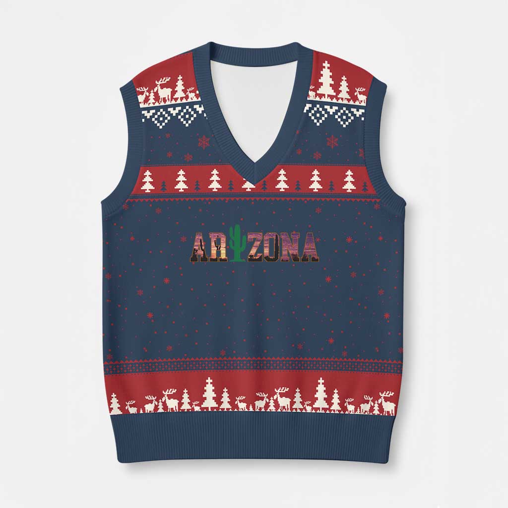 Scenic Arizona Sunset Landscape Graphic V-Neck Knit Sweater Vest Southwest Saguaro Cactus Letters Travel Souvenir TS02 Navy Red Print Your Wear