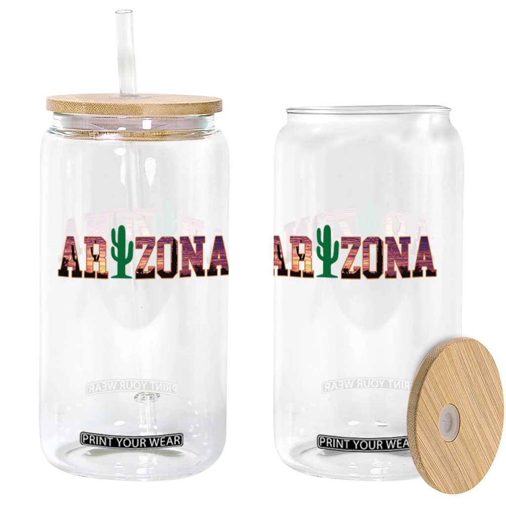 Scenic Arizona Sunset Landscape Graphic Glass Can Southwest Saguaro Cactus Letters Travel Souvenir