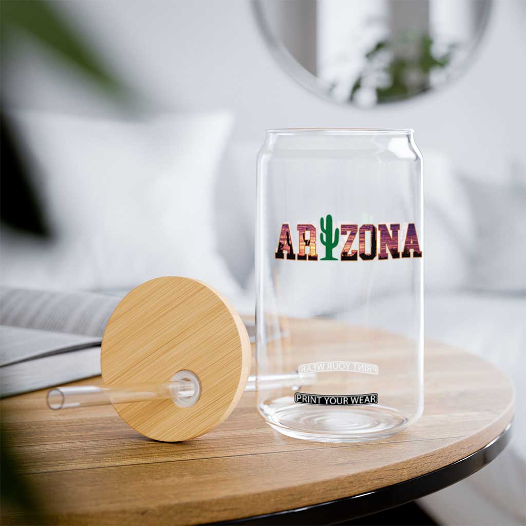 Scenic Arizona Sunset Landscape Graphic Glass Can Southwest Saguaro Cactus Letters Travel Souvenir