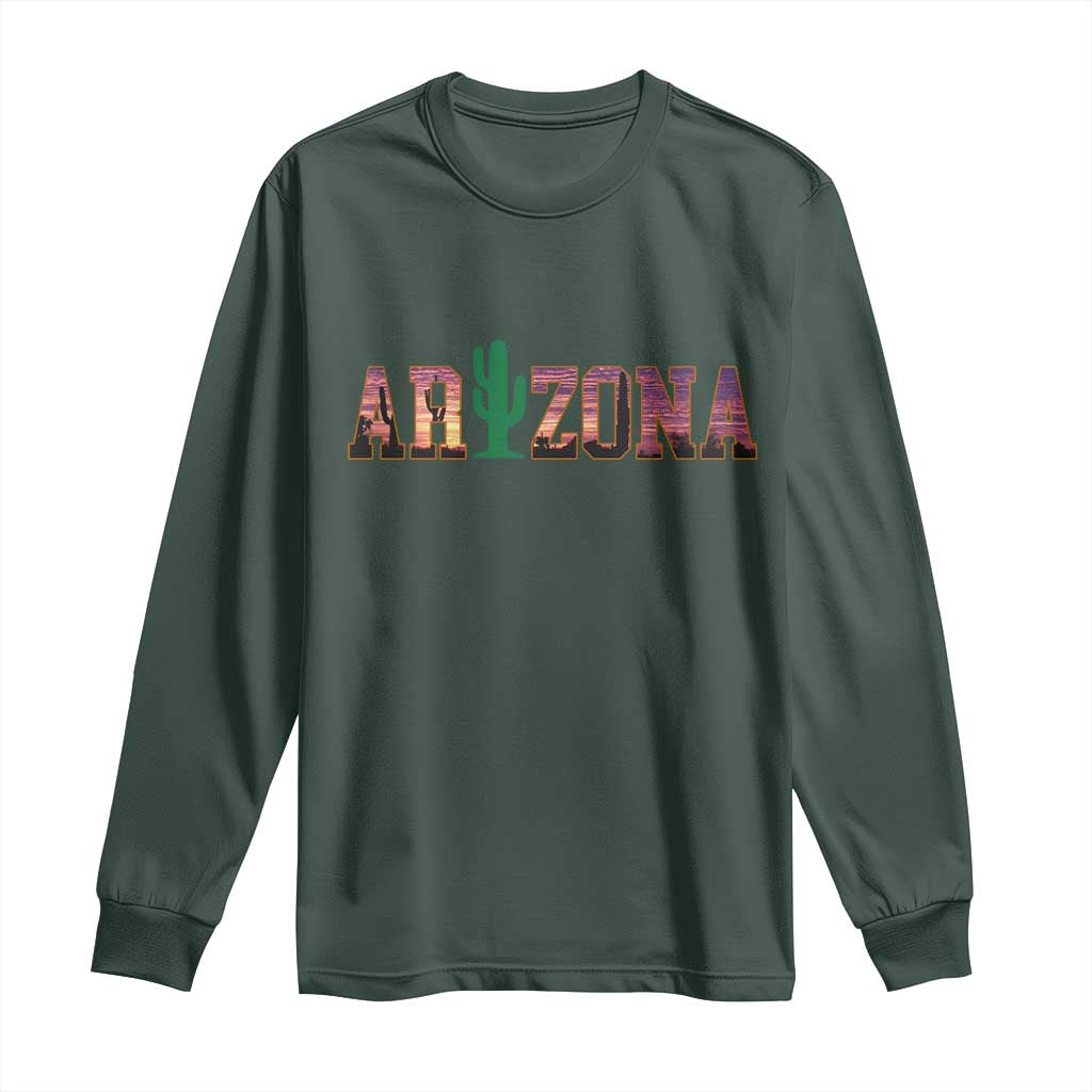 Scenic Arizona Sunset Landscape Graphic Long Sleeve Shirt Southwest Saguaro Cactus Letters Travel Souvenir