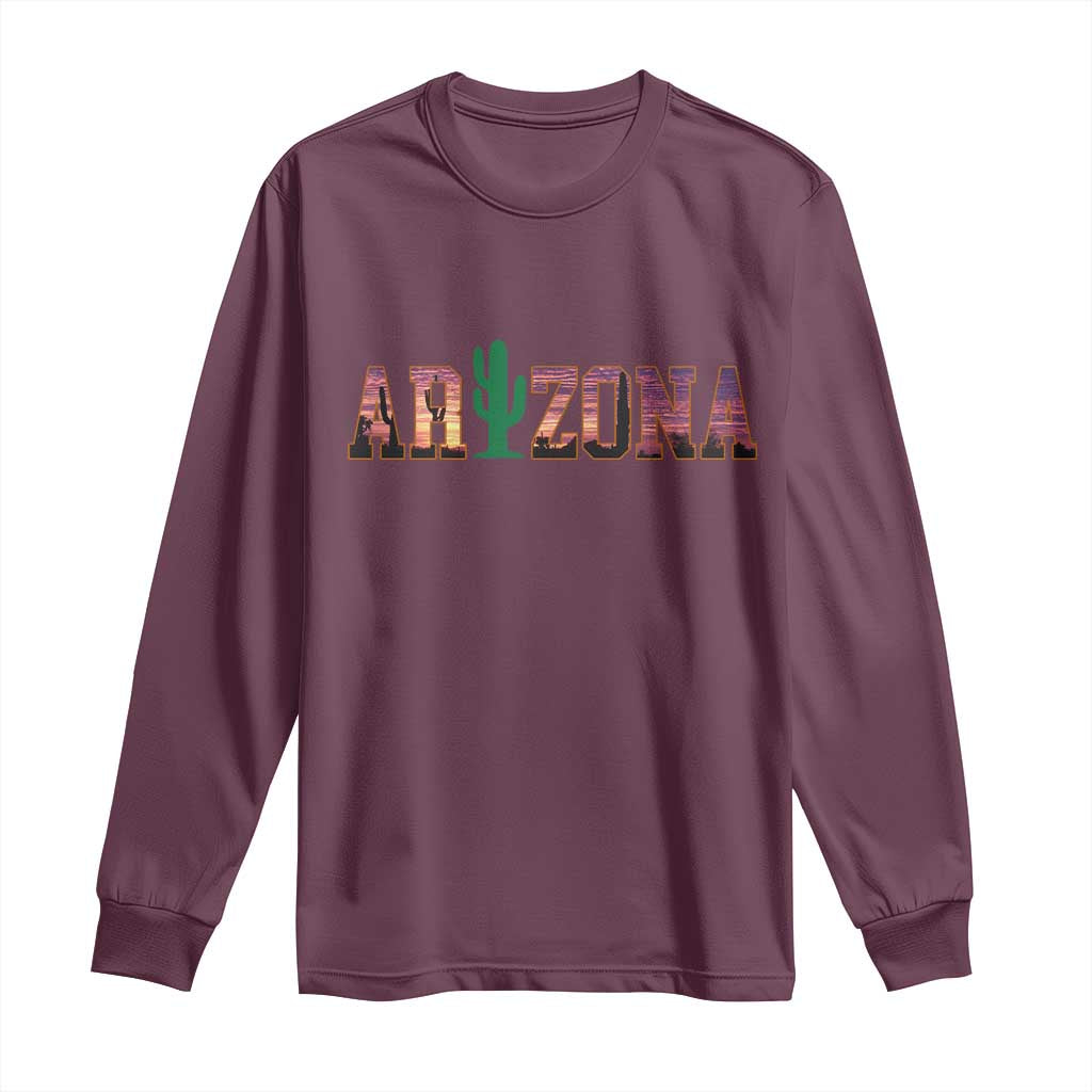Scenic Arizona Sunset Landscape Graphic Long Sleeve Shirt Southwest Saguaro Cactus Letters Travel Souvenir