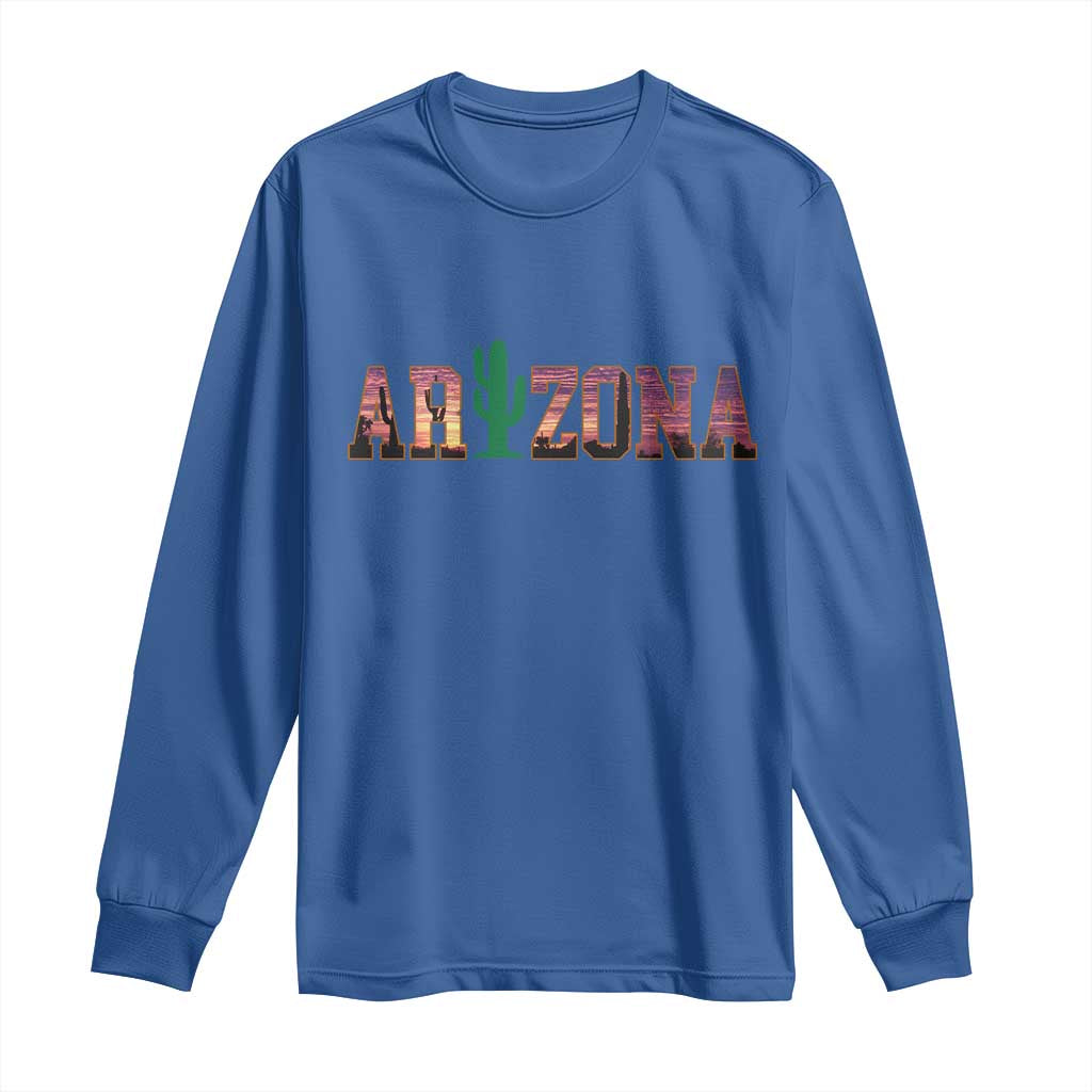 Scenic Arizona Sunset Landscape Graphic Long Sleeve Shirt Southwest Saguaro Cactus Letters Travel Souvenir