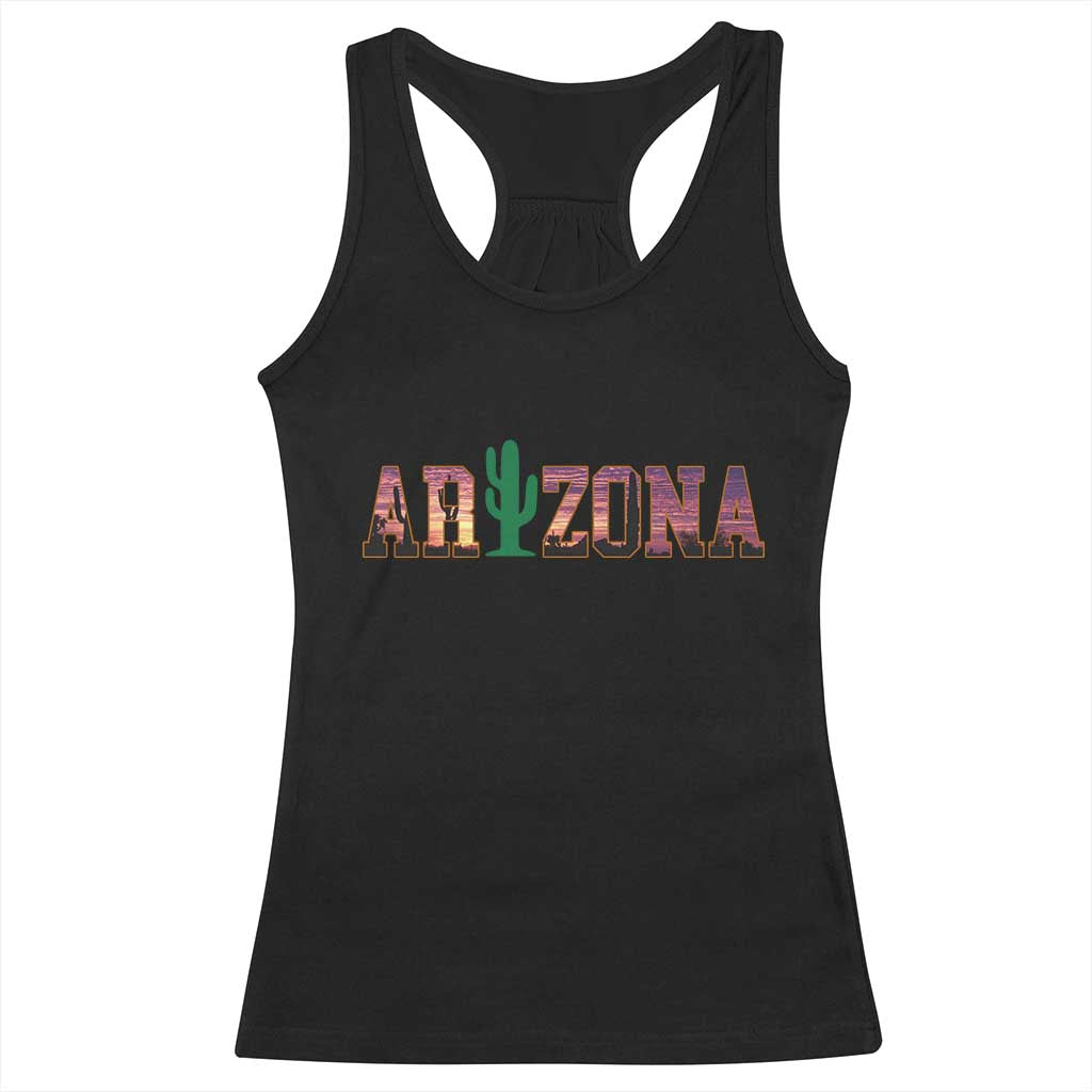 Scenic Arizona Sunset Landscape Graphic Racerback Tank Top Southwest Saguaro Cactus Letters Travel Souvenir TS02 Black Print Your Wear