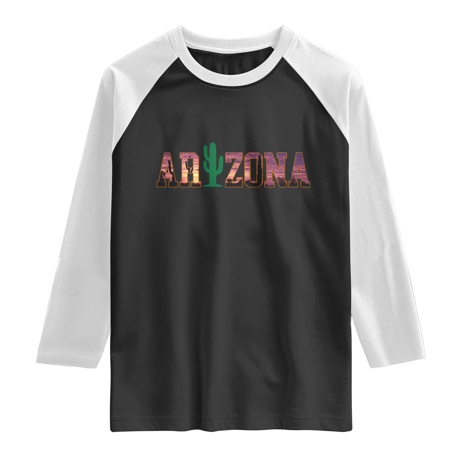 Scenic Arizona Sunset Landscape Graphic Raglan Shirt Southwest Saguaro Cactus Letters Travel Souvenir TS02 Black White Print Your Wear