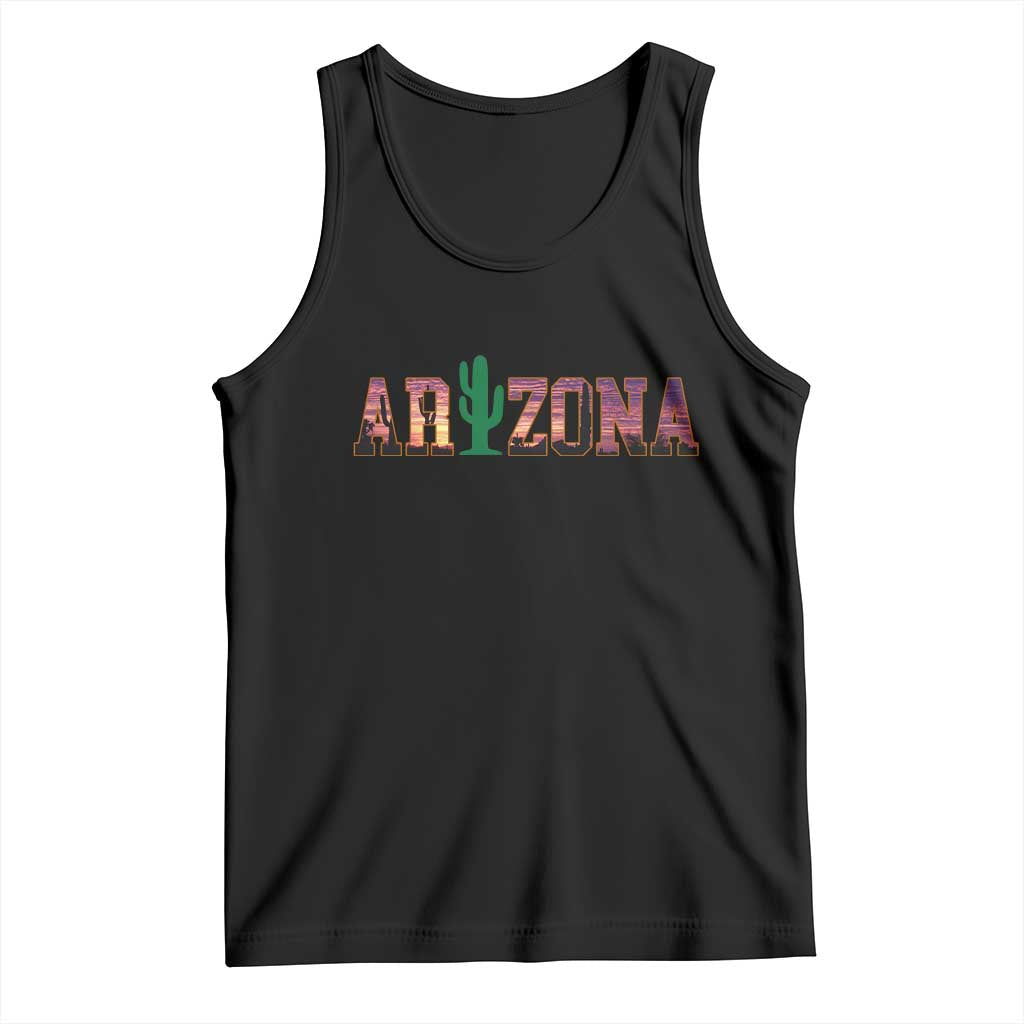 Scenic Arizona Sunset Landscape Graphic Tank Top Southwest Saguaro Cactus Letters Travel Souvenir TS02 Black Print Your Wear