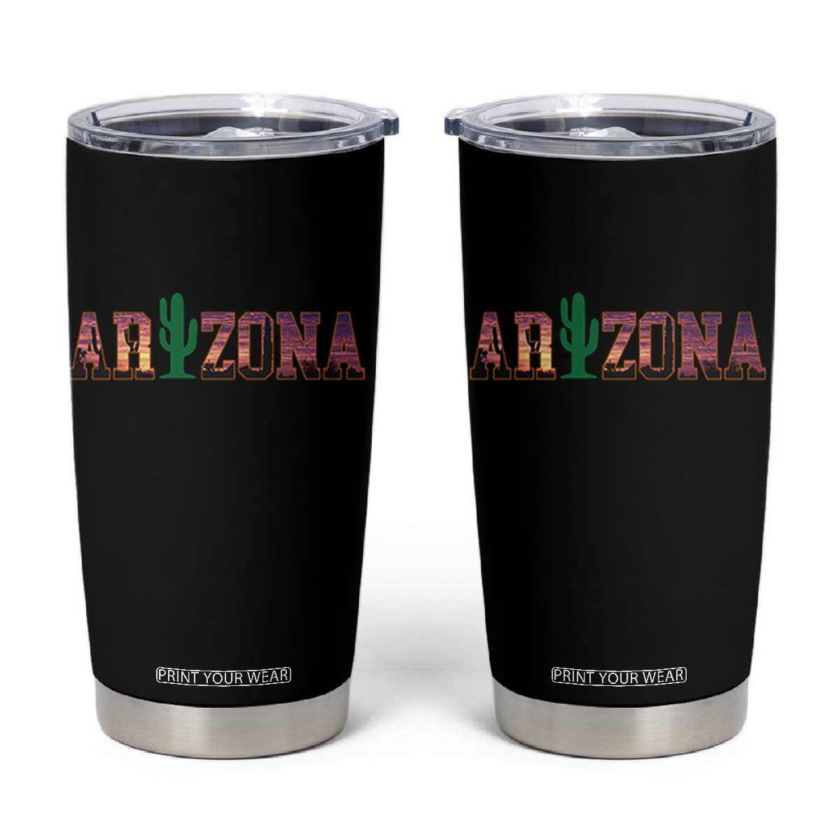 Scenic Arizona Sunset Landscape Graphic Tumbler Cup Southwest Saguaro Cactus Letters Travel Souvenir
