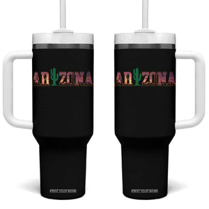Scenic Arizona Sunset Landscape Graphic Tumbler With Handle Southwest Saguaro Cactus Letters Travel Souvenir