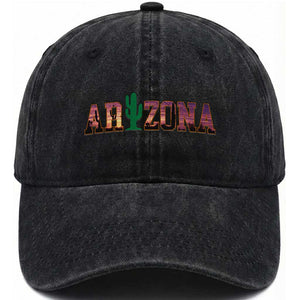 Scenic Arizona Sunset Landscape Graphic Washed Cotton Baseball Cap Southwest Saguaro Cactus Letters Travel Souvenir