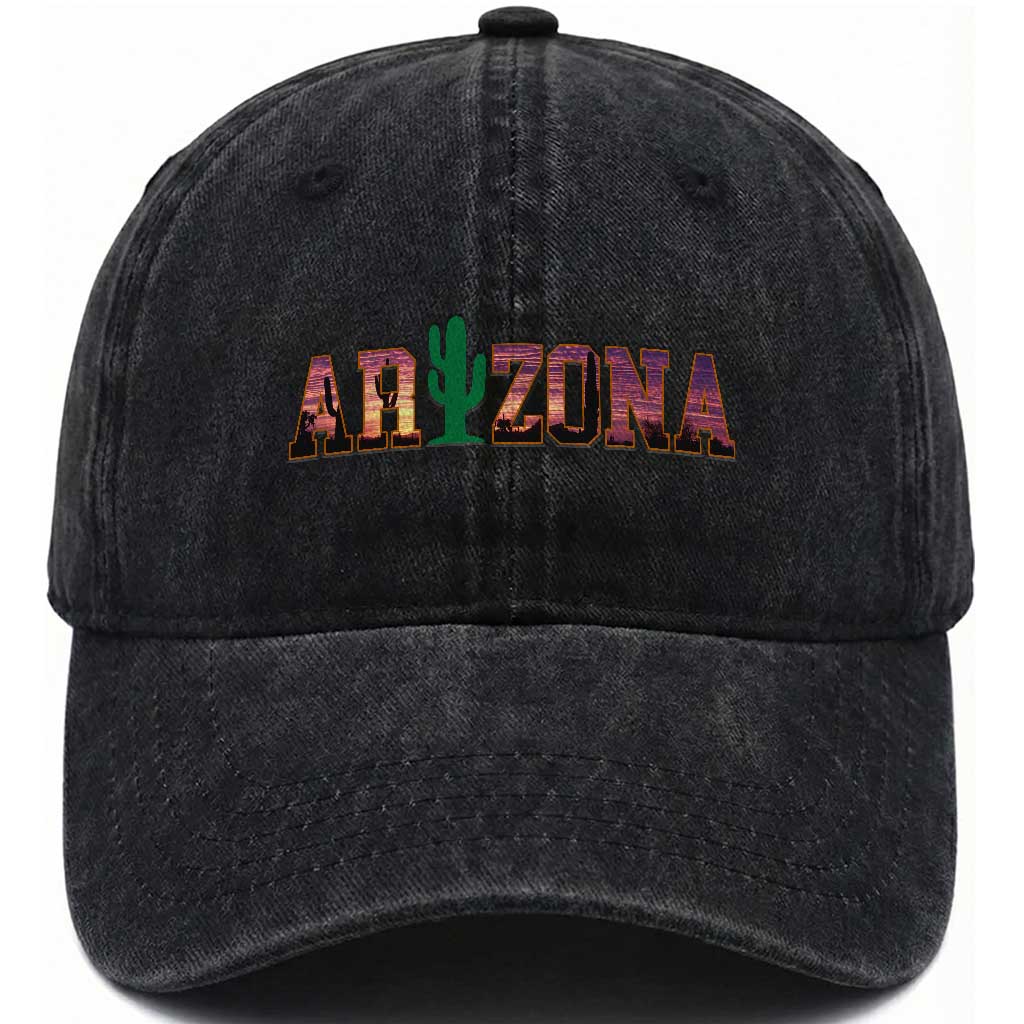 Scenic Arizona Sunset Landscape Graphic Washed Cotton Baseball Cap Southwest Saguaro Cactus Letters Travel Souvenir TS02 Print Your Wear