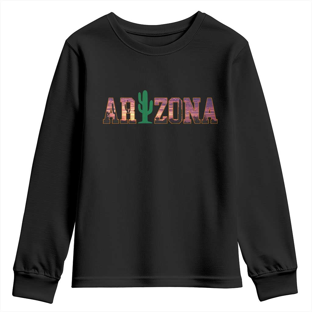 Scenic Arizona Sunset Landscape Graphic Youth Sweatshirt Southwest Saguaro Cactus Letters Travel Souvenir TS02 Black Print Your Wear