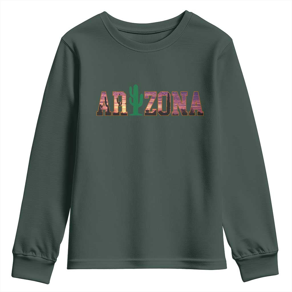 Scenic Arizona Sunset Landscape Graphic Youth Sweatshirt Southwest Saguaro Cactus Letters Travel Souvenir