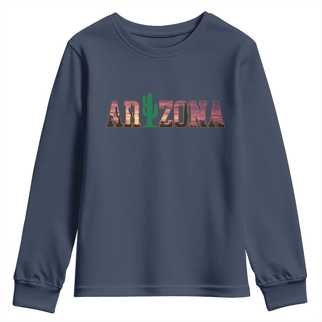 Scenic Arizona Sunset Landscape Graphic Youth Sweatshirt Southwest Saguaro Cactus Letters Travel Souvenir