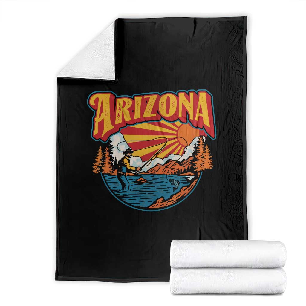 Retro Arizona Fly Fishing River Graphic Throw Blanket Vintage Angler Outdoor Mountain Adventure Souvenir TS02 Black Print Your Wear
