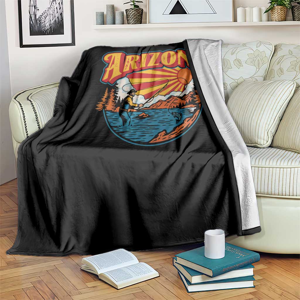 Retro Arizona Fly Fishing River Graphic Throw Blanket Vintage Angler Outdoor Mountain Adventure Souvenir