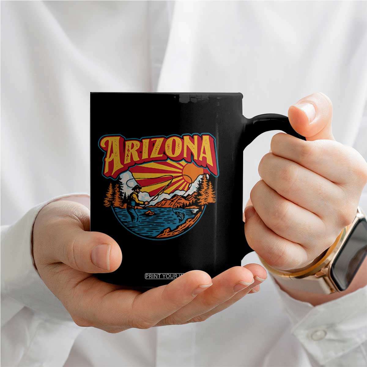 Retro Arizona Fly Fishing River Graphic Coffee Mug Vintage Angler Outdoor Mountain Adventure Souvenir