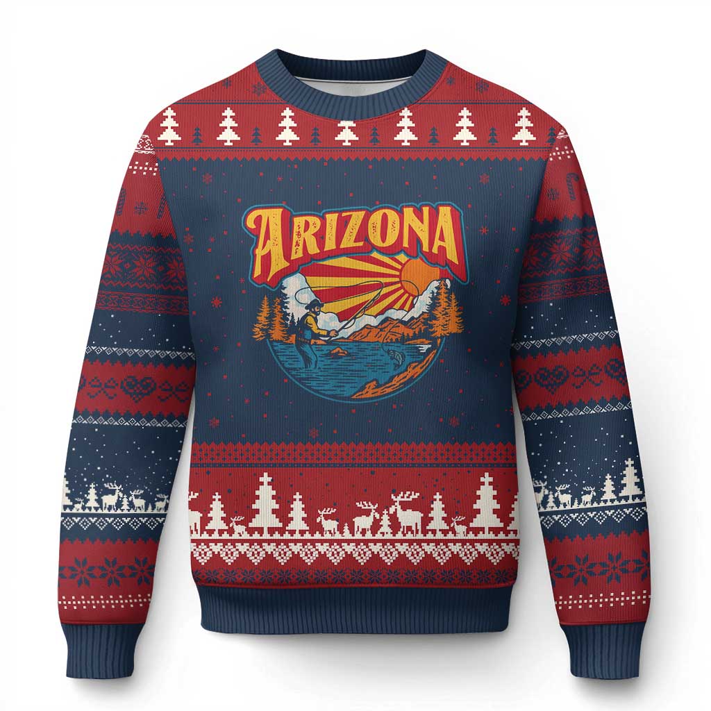 Retro Arizona Fly Fishing River Graphic Ugly Christmas Sweater Vintage Angler Outdoor Mountain Adventure Souvenir