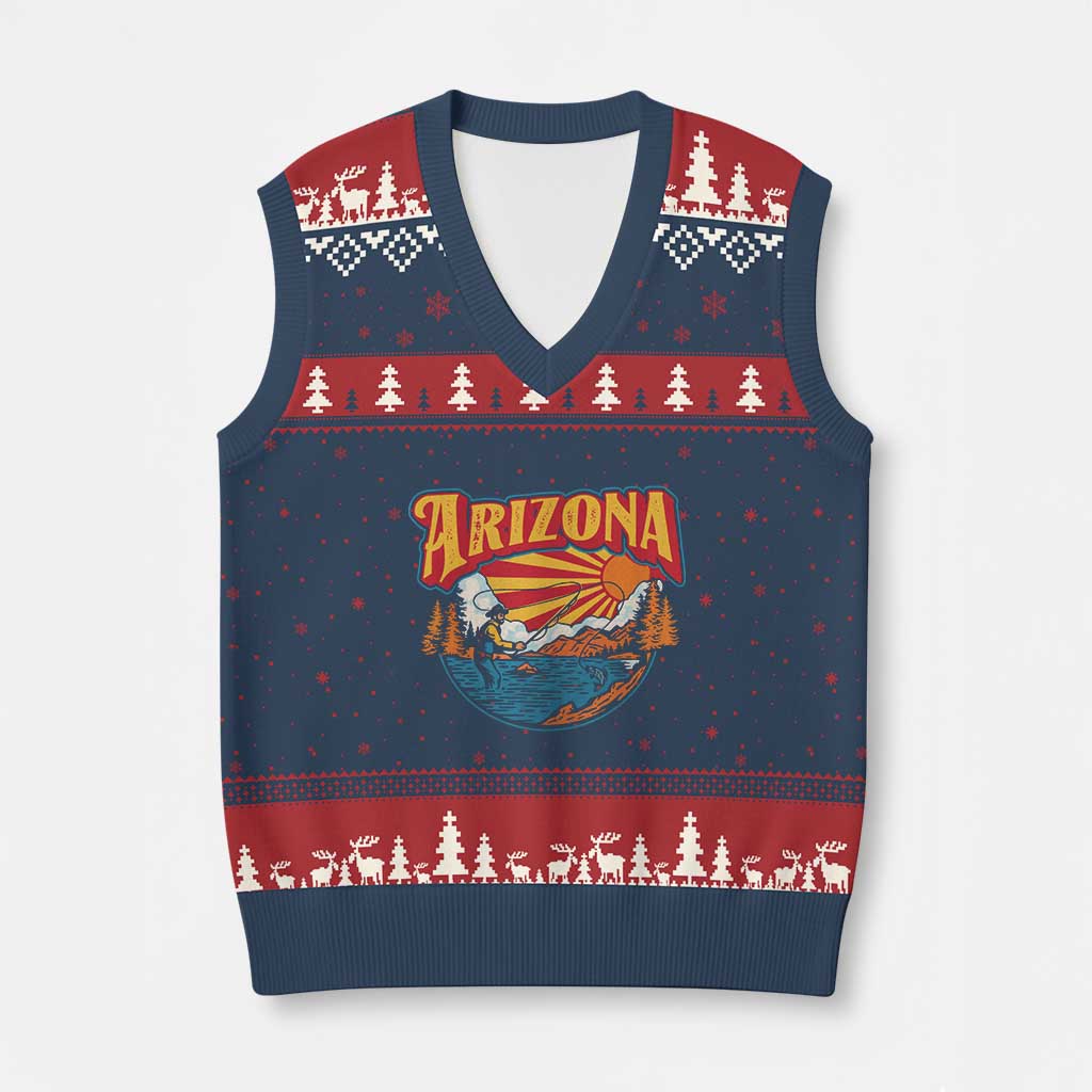 Retro Arizona Fly Fishing River Graphic V-Neck Knit Sweater Vest Vintage Angler Outdoor Mountain Adventure Souvenir TS02 Navy Red Print Your Wear