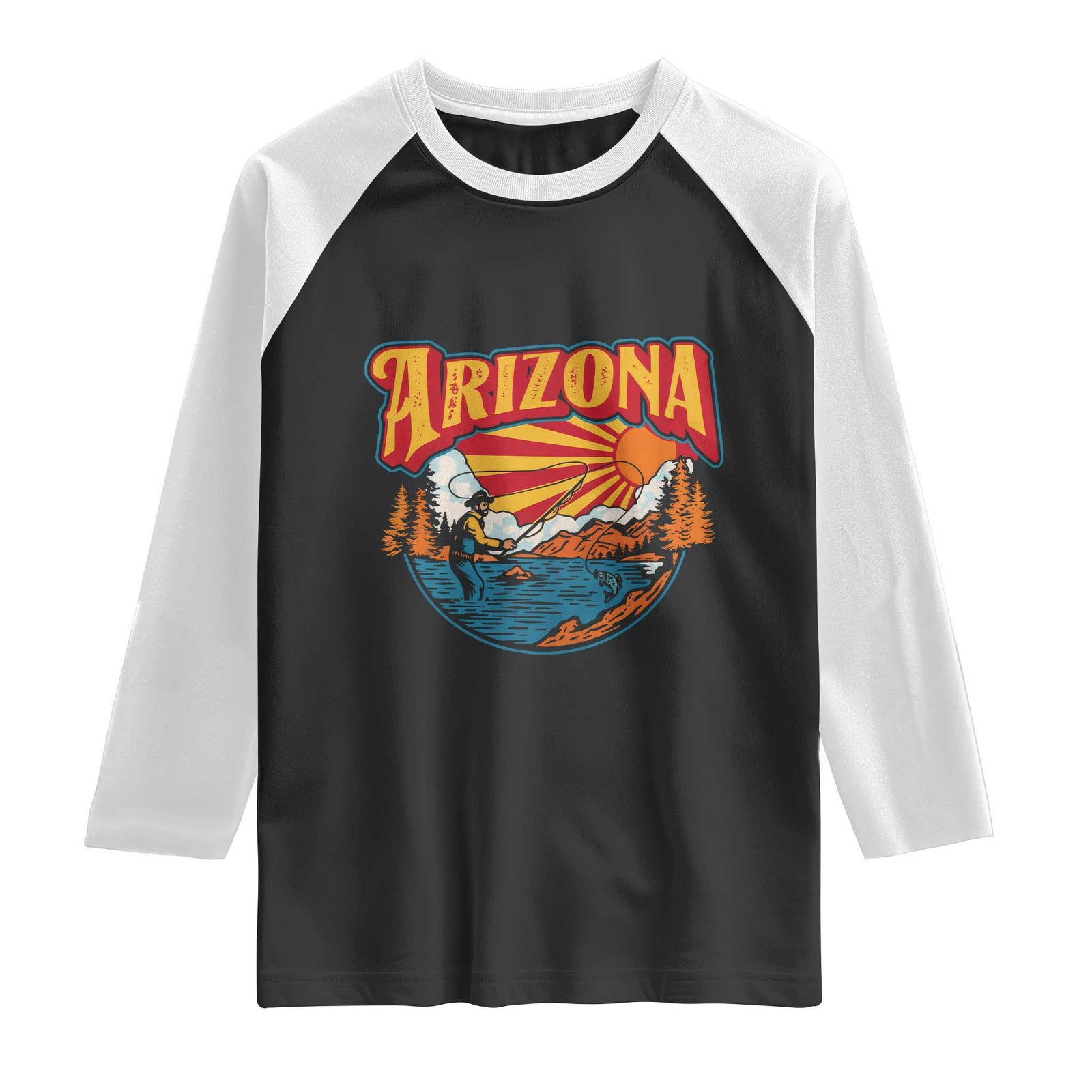 Retro Arizona Fly Fishing River Graphic Raglan Shirt Vintage Angler Outdoor Mountain Adventure Souvenir TS02 Black White Print Your Wear