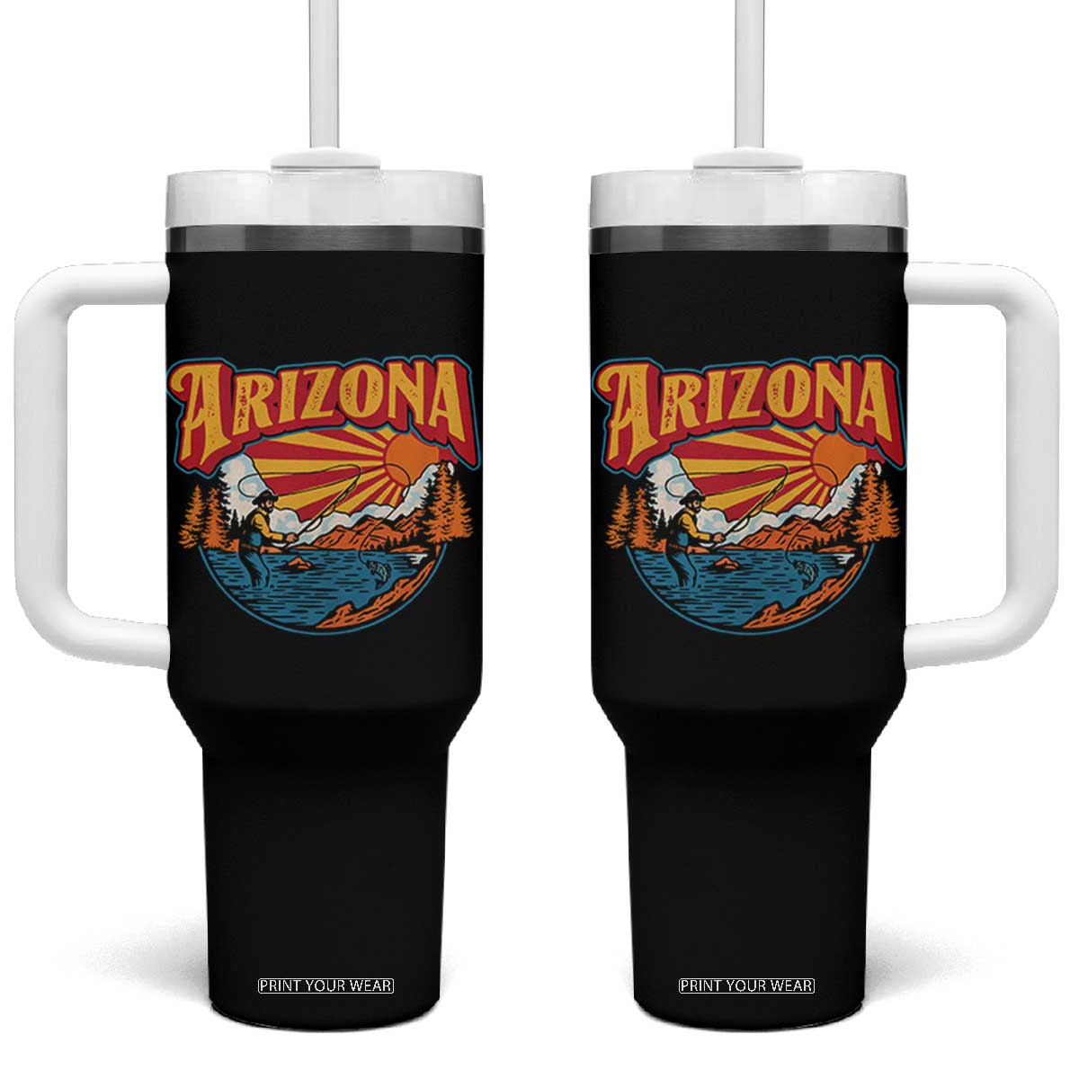 Retro Arizona Fly Fishing River Graphic Tumbler With Handle Vintage Angler Outdoor Mountain Adventure Souvenir