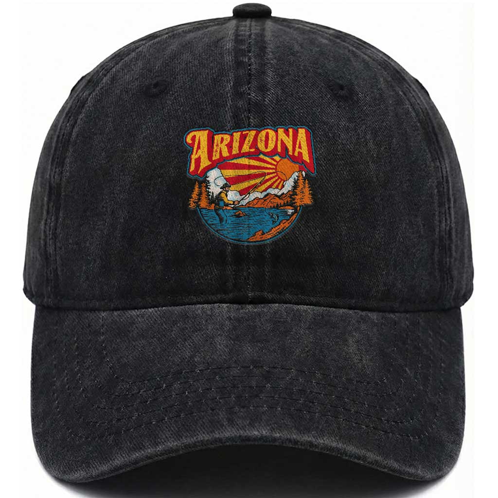 Retro Arizona Fly Fishing River Graphic Washed Cotton Baseball Cap Vintage Angler Outdoor Mountain Adventure Souvenir TS02 Print Your Wear