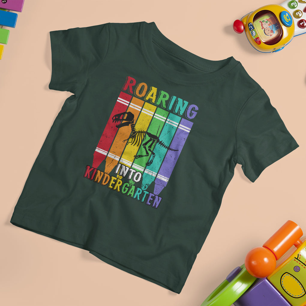 Roaring Into Kindergarten T Shirt For Kid Dinosaur Crayons First Day Of School TS02 Dark Forest Green Printyourwear