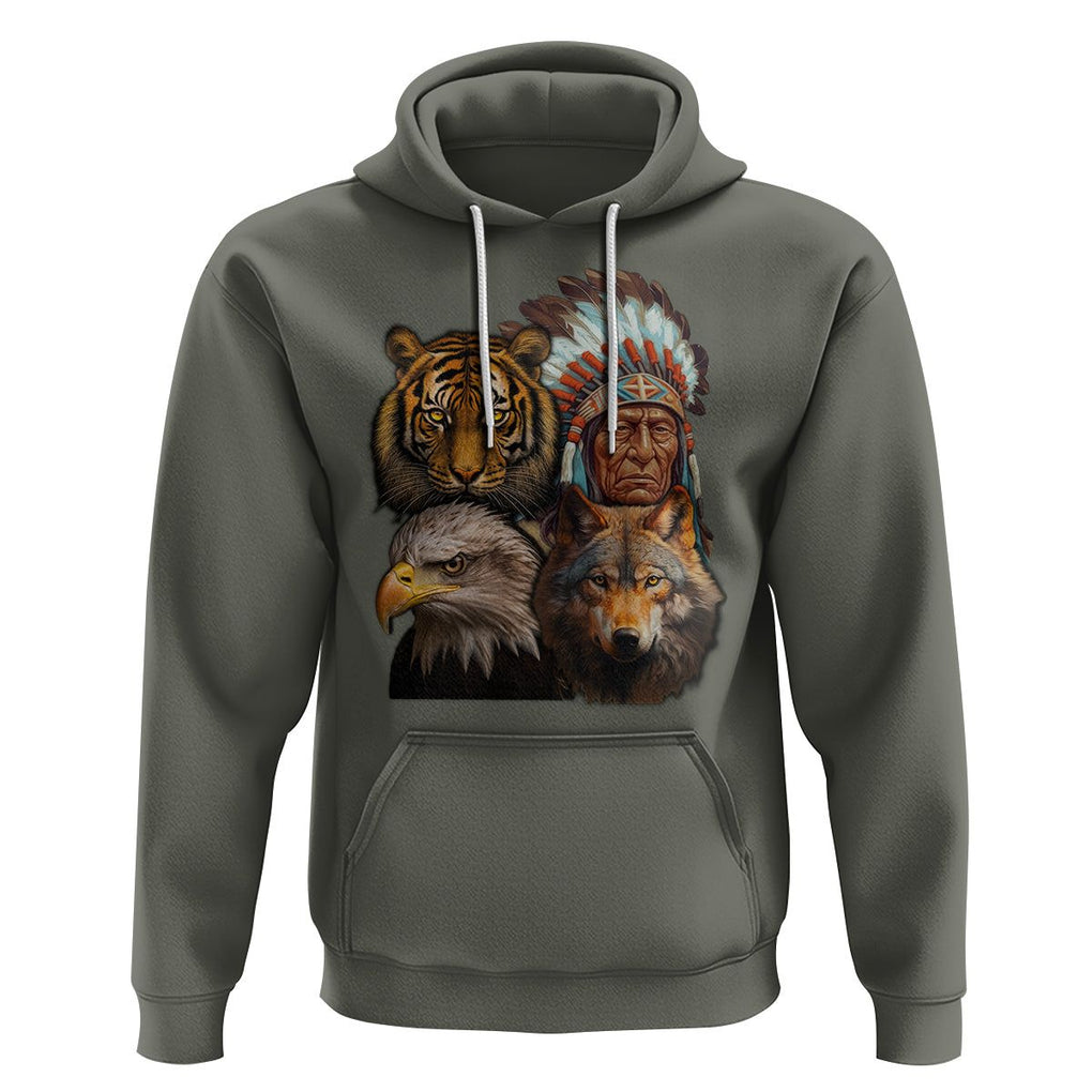 Native American Hoodie Indigenous American Indian Chief With Tiger Wolf American Eagle TS02 Military Green Printyourwear