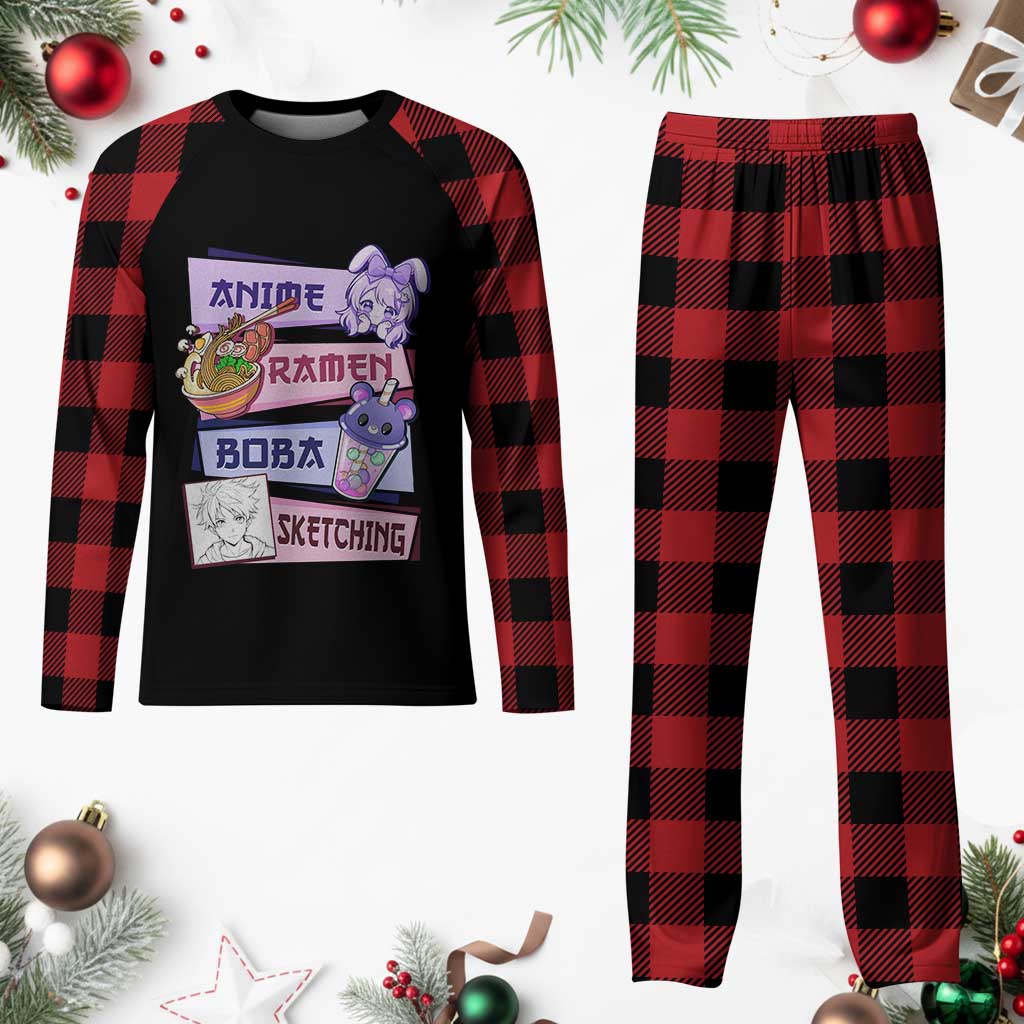 Anime Ramen Boba Sketching Plaid Pajama Set Kawaii Girl Bubble Tea Otaku Manga Lover Japanese Pop Culture TS02 Buffalo Plaid Print Your Wear