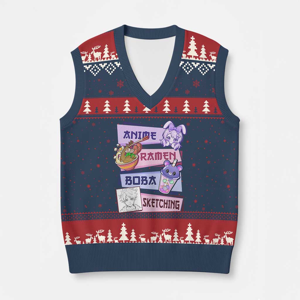 Anime Ramen Boba Sketching V-Neck Knit Sweater Vest Kawaii Girl Bubble Tea Otaku Manga Lover Japanese Pop Culture TS02 Navy Red Print Your Wear