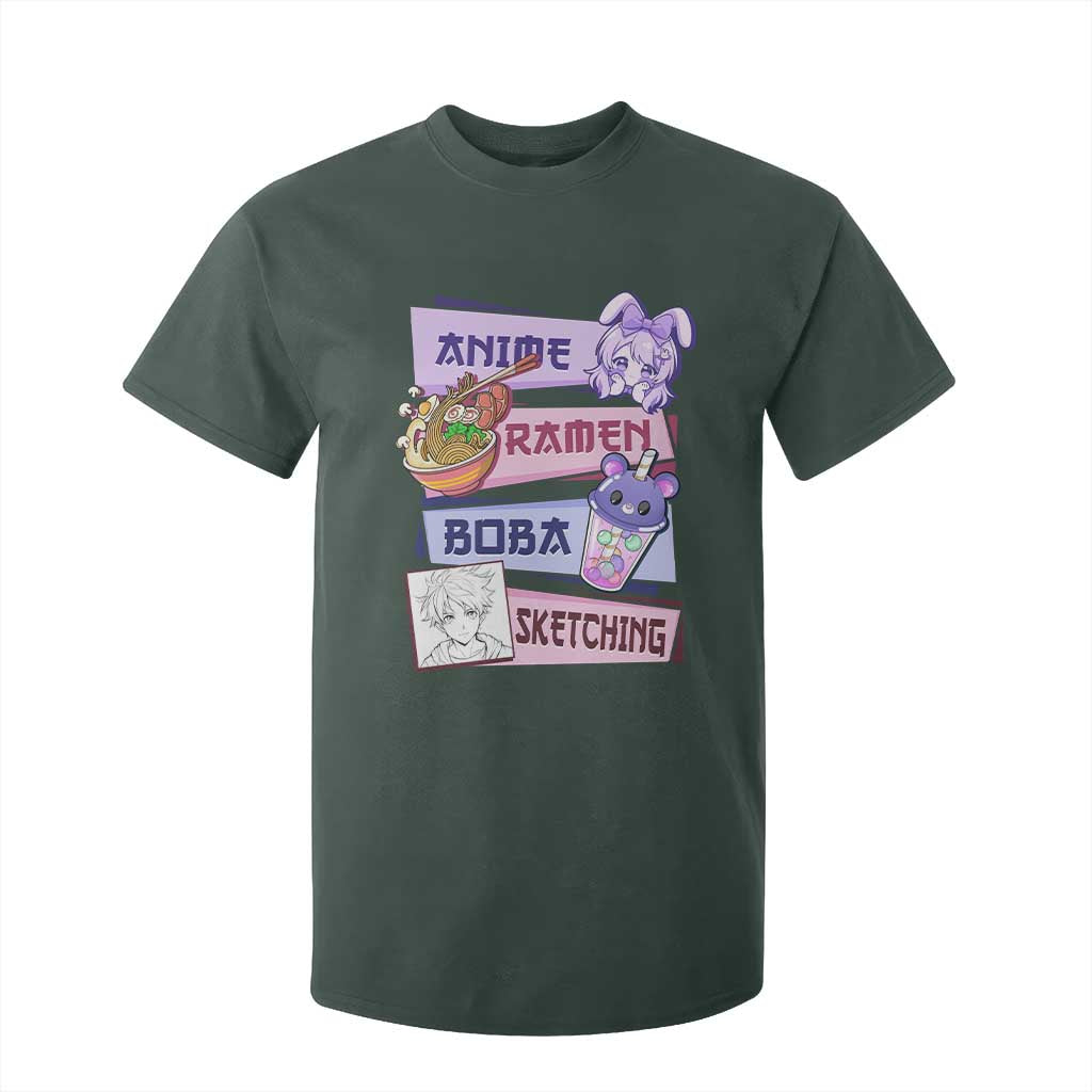 Anime Ramen Boba Sketching T Shirt For Kid Kawaii Girl Bubble Tea Otaku Manga Lover Japanese Pop Culture TS02 Dark Forest Green Print Your Wear