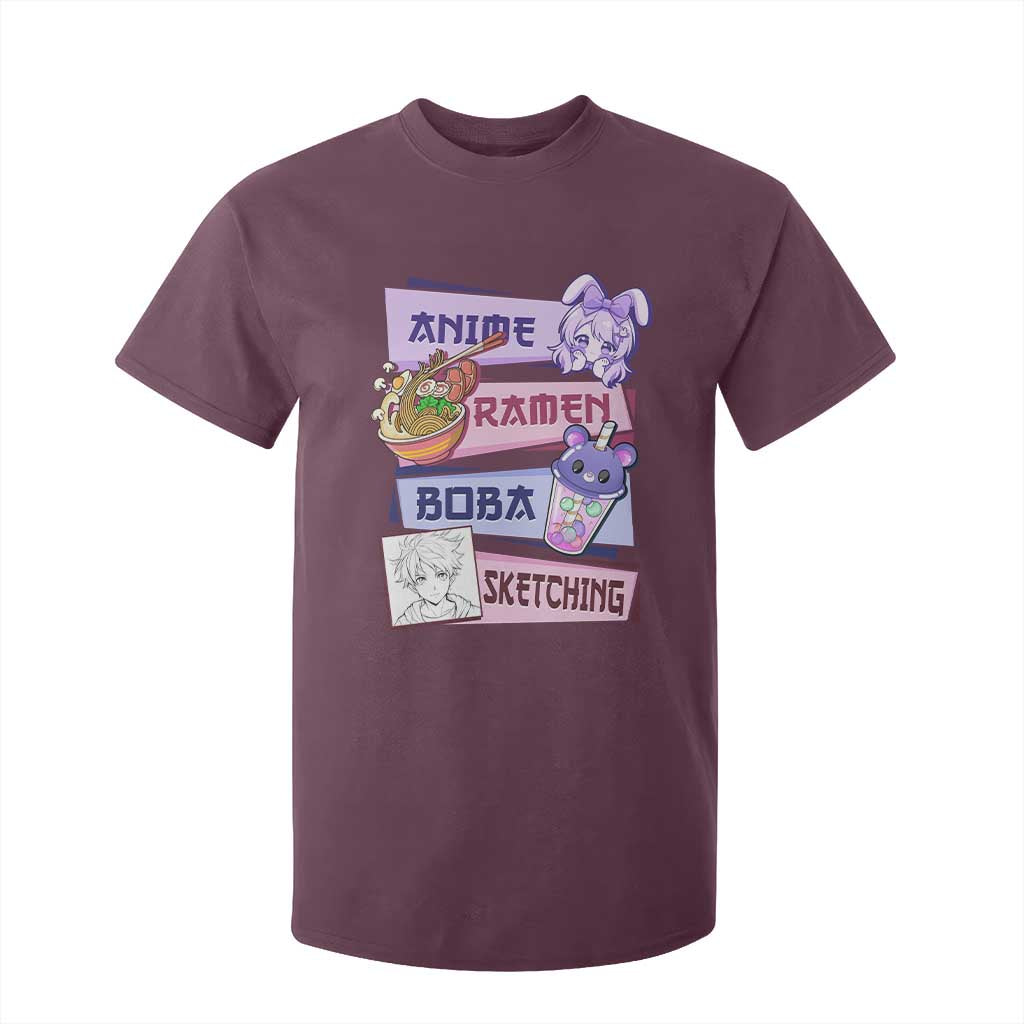Anime Ramen Boba Sketching T Shirt For Kid Kawaii Girl Bubble Tea Otaku Manga Lover Japanese Pop Culture TS02 Maroon Print Your Wear