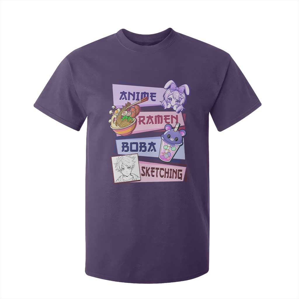 Anime Ramen Boba Sketching T Shirt For Kid Kawaii Girl Bubble Tea Otaku Manga Lover Japanese Pop Culture TS02 Purple Print Your Wear
