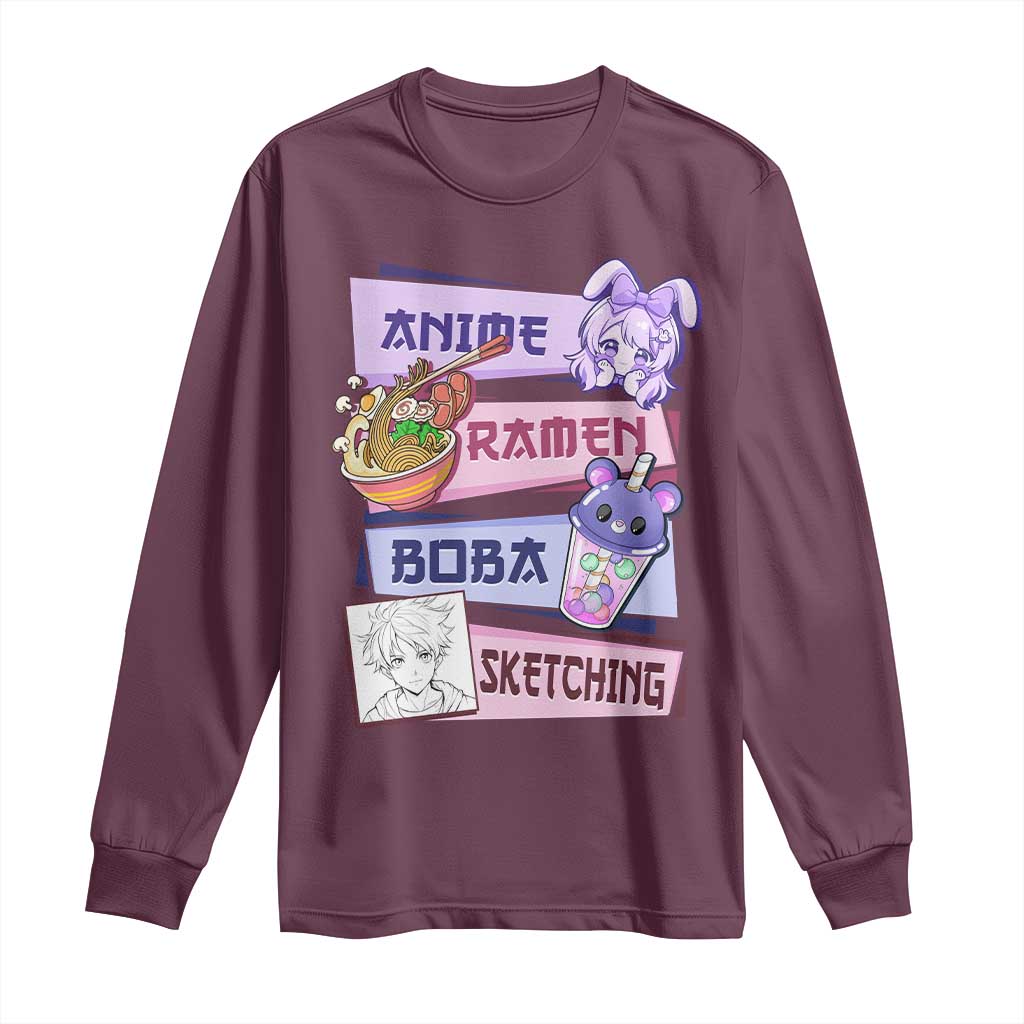 Anime Ramen Boba Sketching Long Sleeve Shirt Kawaii Girl Bubble Tea Otaku Manga Lover Japanese Pop Culture TS02 Maroon Print Your Wear
