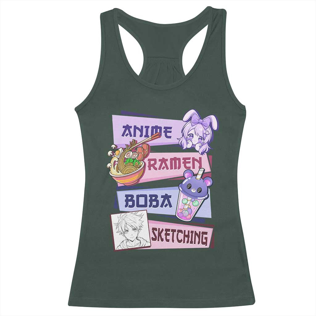 Anime Ramen Boba Sketching Racerback Tank Top Kawaii Girl Bubble Tea Otaku Manga Lover Japanese Pop Culture TS02 Dark Forest Green Print Your Wear