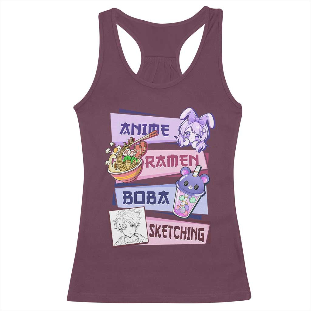 Anime Ramen Boba Sketching Racerback Tank Top Kawaii Girl Bubble Tea Otaku Manga Lover Japanese Pop Culture TS02 Maroon Print Your Wear