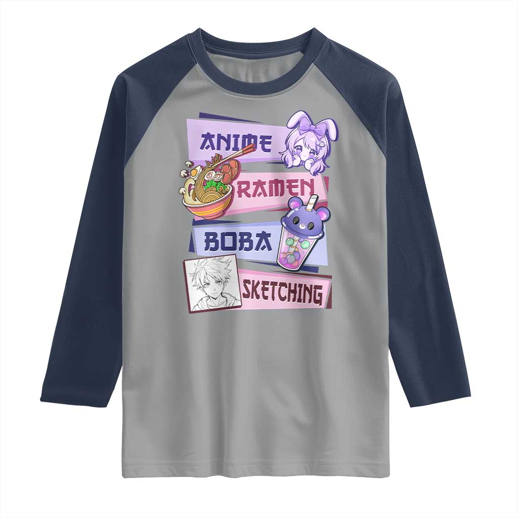 Anime Ramen Boba Sketching Raglan Shirt Kawaii Girl Bubble Tea Otaku Manga Lover Japanese Pop Culture TS02 Sport Gray Navy Print Your Wear