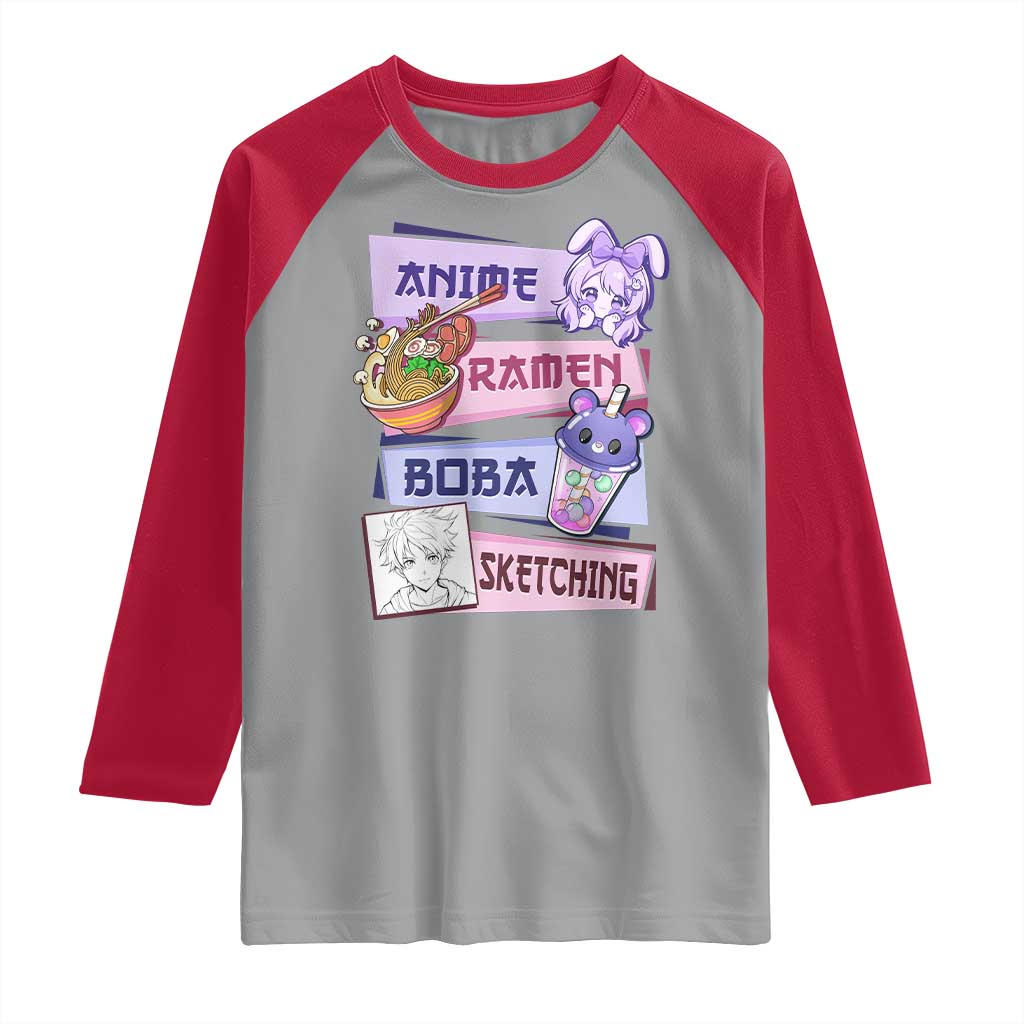 Anime Ramen Boba Sketching Raglan Shirt Kawaii Girl Bubble Tea Otaku Manga Lover Japanese Pop Culture TS02 Sport Gray Red Print Your Wear